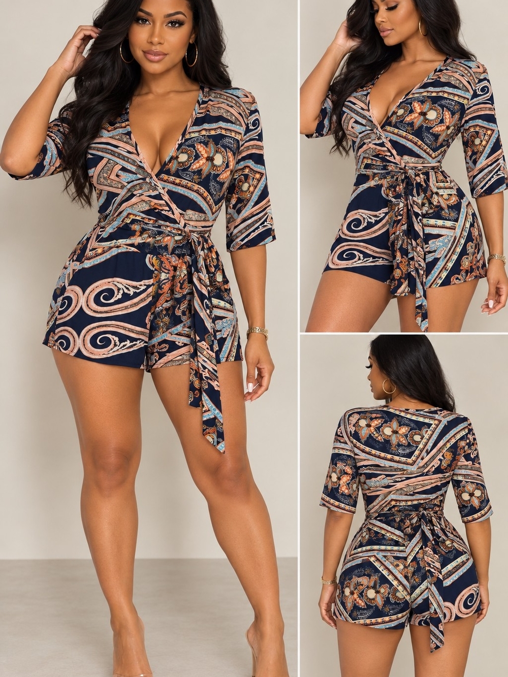 Navy Floral-Print Wrap Romper - Women Swim